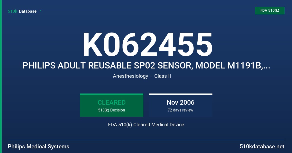 K062455 PHILIPS ADULT REUSABLE SP02 SENSOR, MODEL M1191B, M1191BL, M1191BNL FDA 510(k) Cleared Medical Device