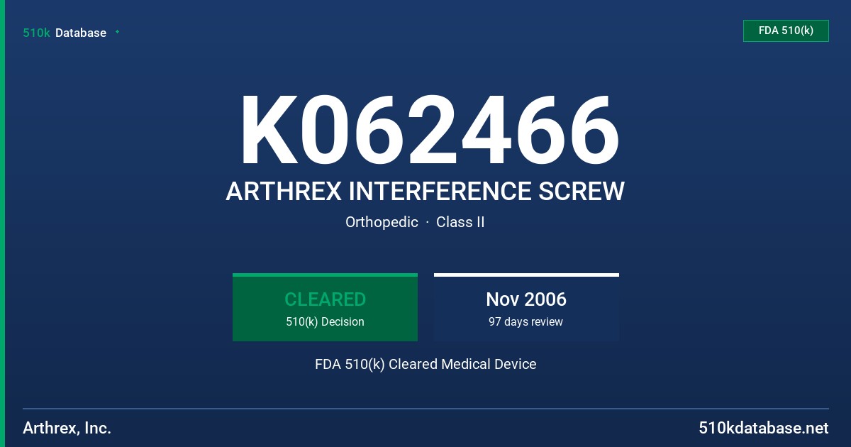 K062466 ARTHREX INTERFERENCE SCREW FDA 510(k) Cleared Medical Device