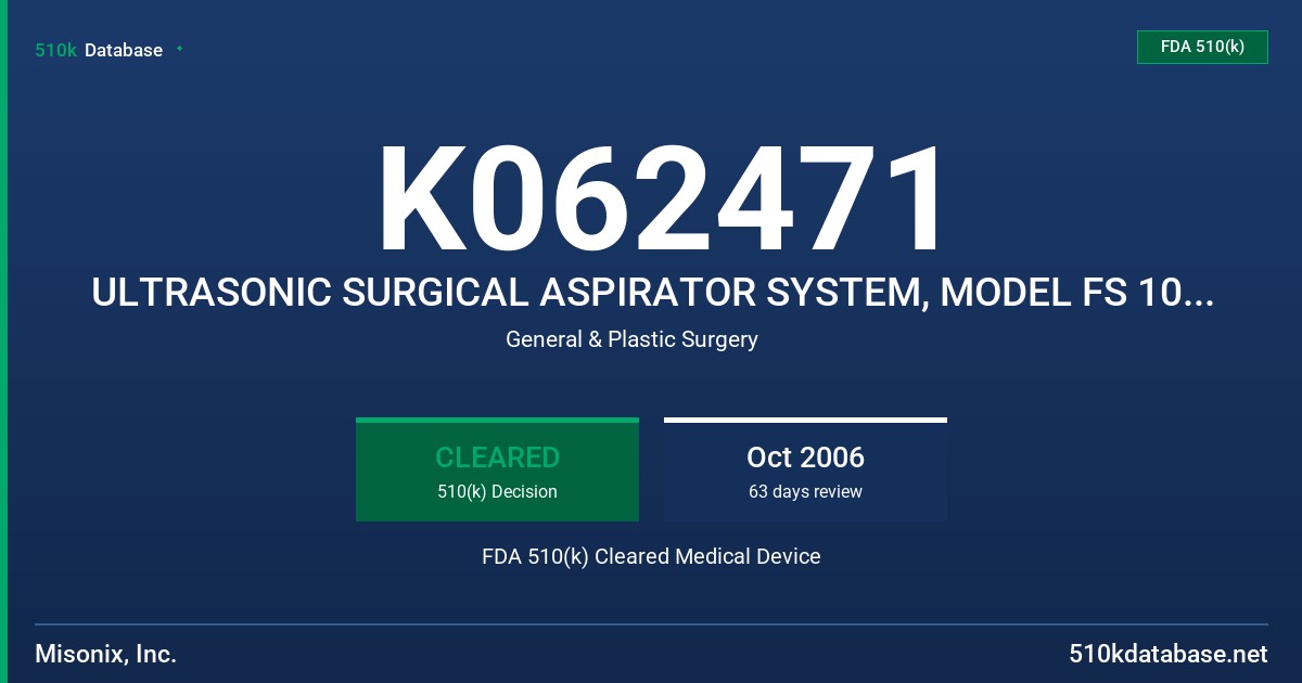 K062471 ULTRASONIC SURGICAL ASPIRATOR SYSTEM, MODEL FS 1000 RF FDA 510(k) Cleared Medical Device
