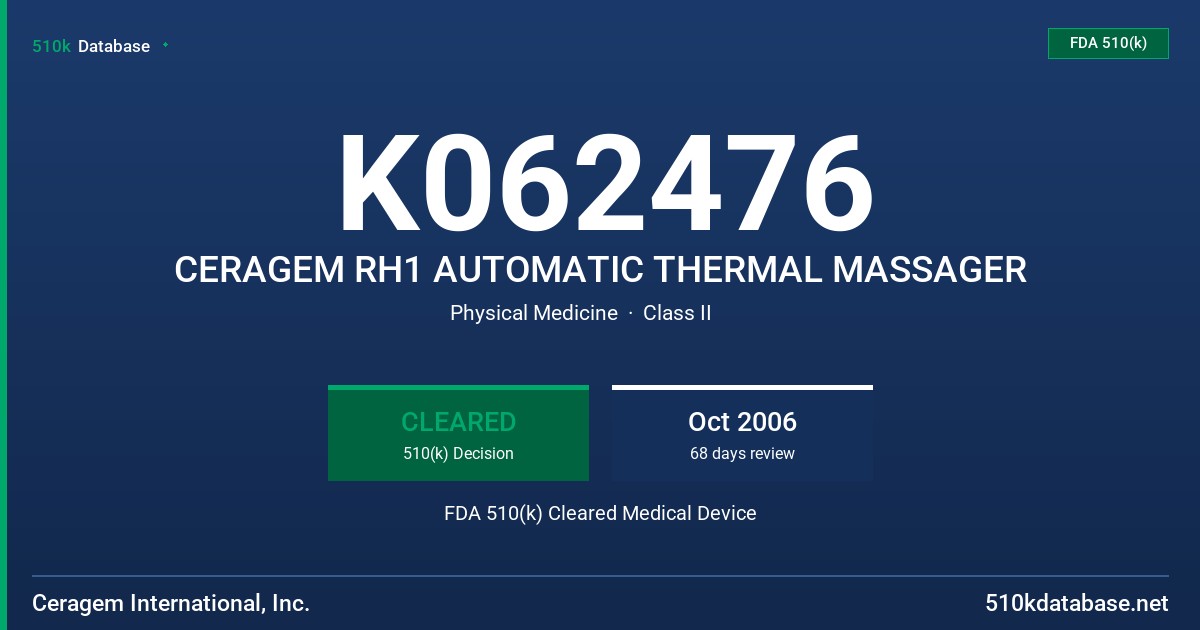 K062476 CERAGEM RH1 AUTOMATIC THERMAL MASSAGER FDA 510(k) Cleared Medical Device
