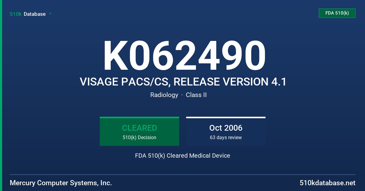 K062490 VISAGE PACS/CS, RELEASE VERSION 4.1 FDA 510(k) Cleared Medical Device
