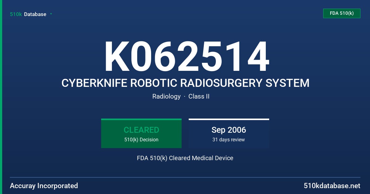 K062514 CYBERKNIFE ROBOTIC RADIOSURGERY SYSTEM FDA 510(k) Cleared Medical Device