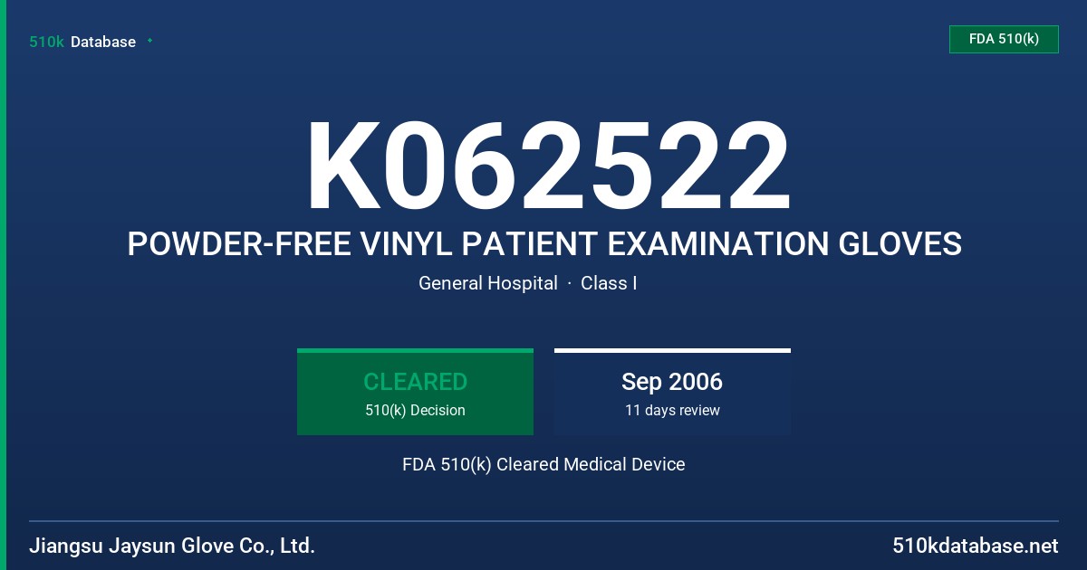 K062522 POWDER-FREE VINYL PATIENT EXAMINATION GLOVES FDA 510(k) Cleared Medical Device