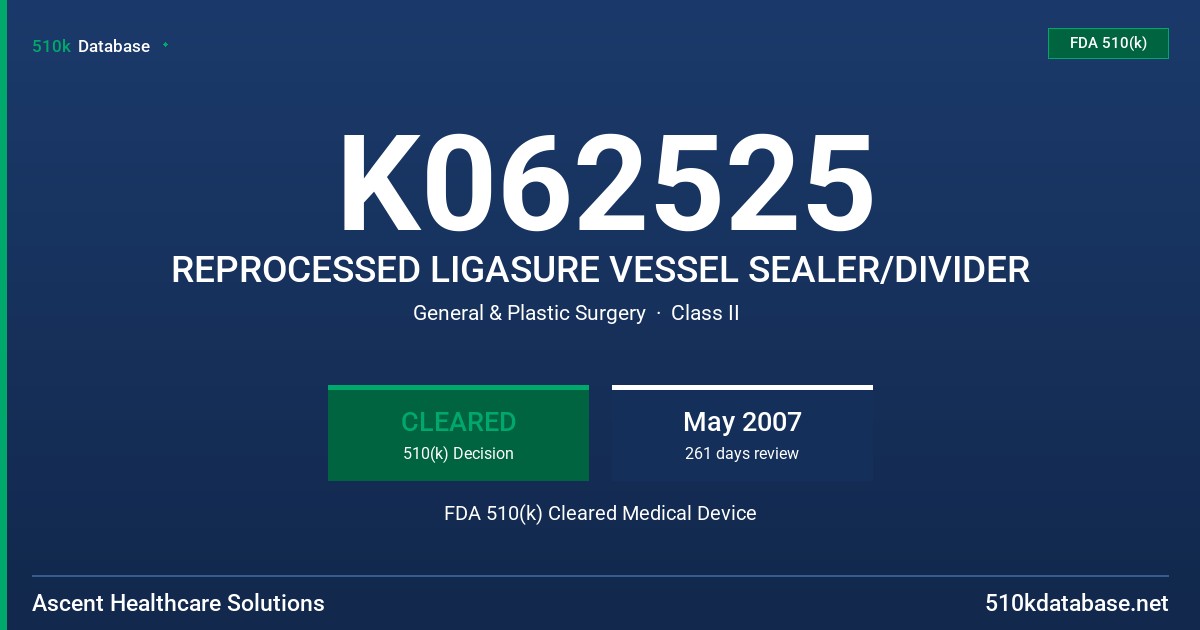 K062525 REPROCESSED LIGASURE VESSEL SEALER/DIVIDER FDA 510(k) Cleared Medical Device
