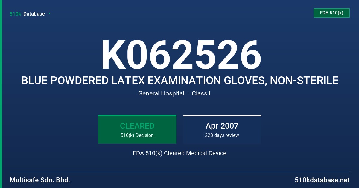 K062526 BLUE POWDERED LATEX EXAMINATION GLOVES, NON-STERILE FDA 510(k) Cleared Medical Device