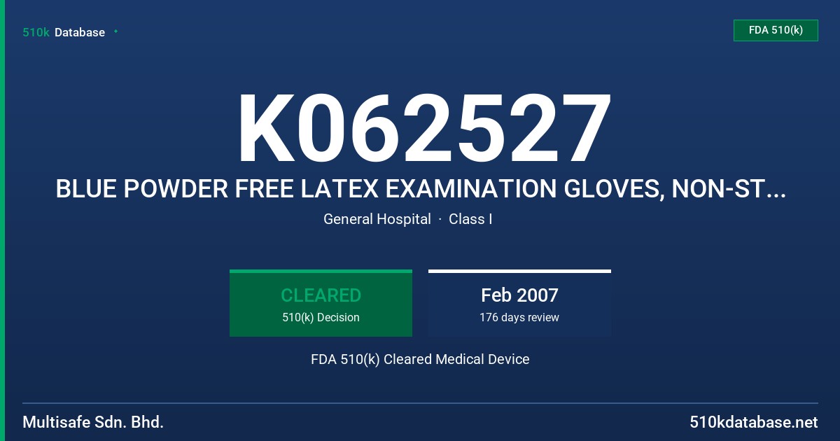 K062527 BLUE POWDER FREE LATEX EXAMINATION GLOVES, NON-STERILE FDA 510(k) Cleared Medical Device