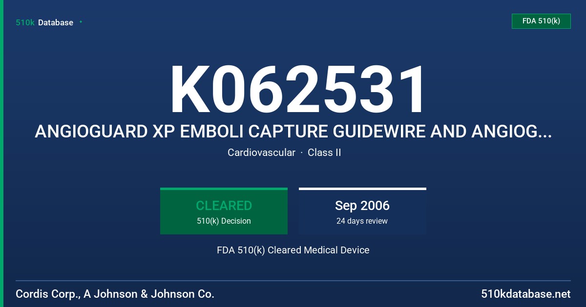 K062531 ANGIOGUARD XP EMBOLI CAPTURE GUIDEWIRE AND ANGIOGUARD RX EMBOLI CAPTURE GUIDEWIRE FDA 510(k) Cleared Medical Device