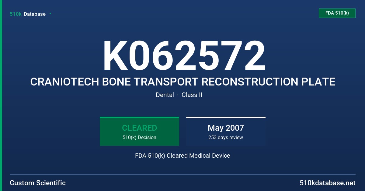 K062572 CRANIOTECH BONE TRANSPORT RECONSTRUCTION PLATE FDA 510(k) Cleared Medical Device
