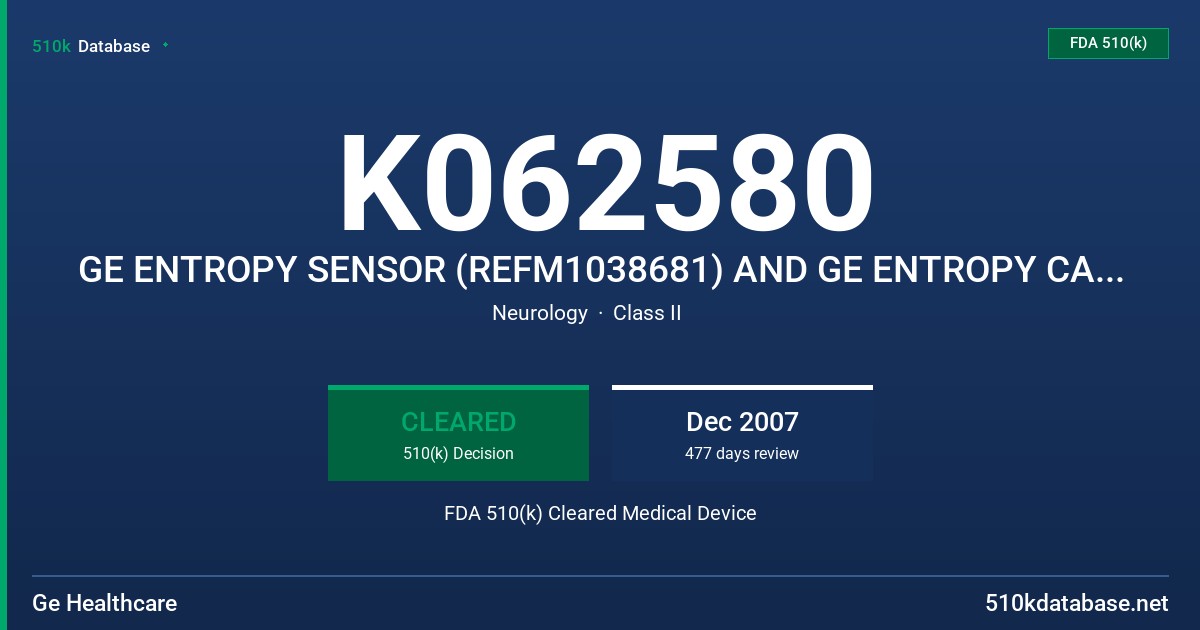 K062580 GE ENTROPY SENSOR (REFM1038681) AND GE ENTROPY CABLE (REF M1050784) FDA 510(k) Cleared Medical Device