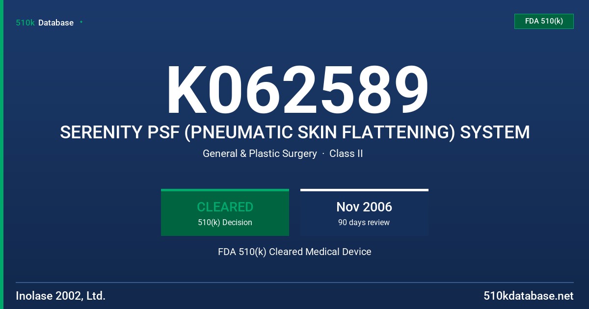 K062589 SERENITY PSF (PNEUMATIC SKIN FLATTENING) SYSTEM FDA 510(k) Cleared Medical Device