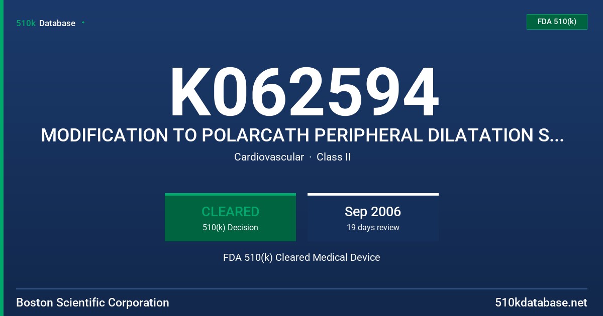 K062594 MODIFICATION TO POLARCATH PERIPHERAL DILATATION SYSTEM FDA 510(k) Cleared Medical Device