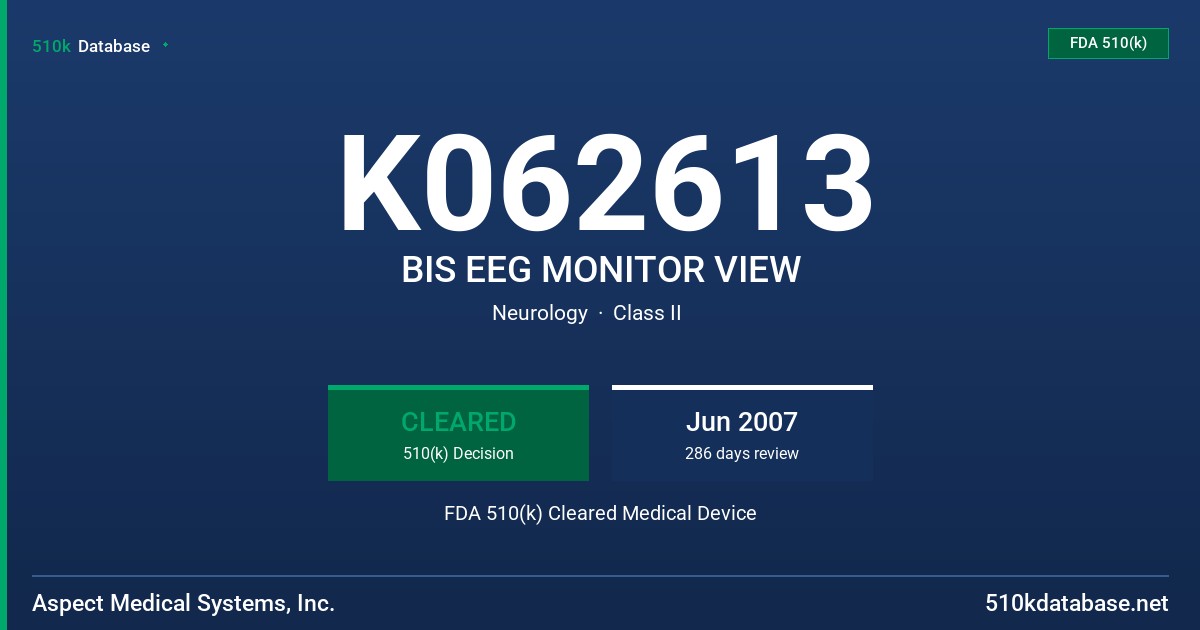 K062613 BIS EEG MONITOR VIEW FDA 510(k) Cleared Medical Device
