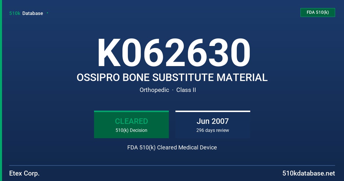 K062630 OSSIPRO BONE SUBSTITUTE MATERIAL FDA 510(k) Cleared Medical Device