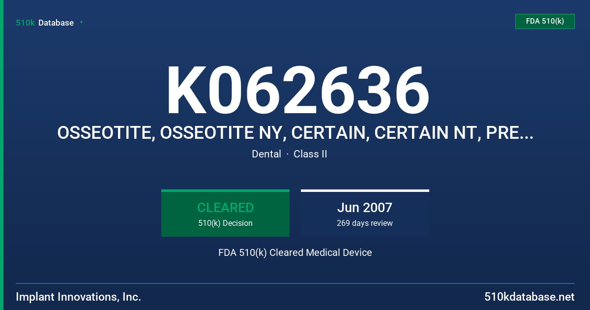 K062636 OSSEOTITE, OSSEOTITE NY, CERTAIN, CERTAIN NT, PREVAIL, CERTAIN PREVAIL, XP, MICROMINIPLANT, DENTAL IMPLANTS FDA 510(k) Cleared Medical Device