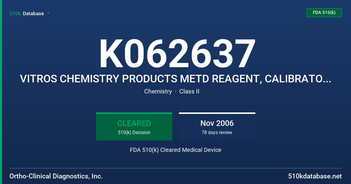K062637 VITROS CHEMISTRY PRODUCTS METD REAGENT, CALIBRATOR KIT 26, DAT PERFORMANCE, VERIFIERS I, II, III, IV & V FDA 510(k) Cleared Medical Device