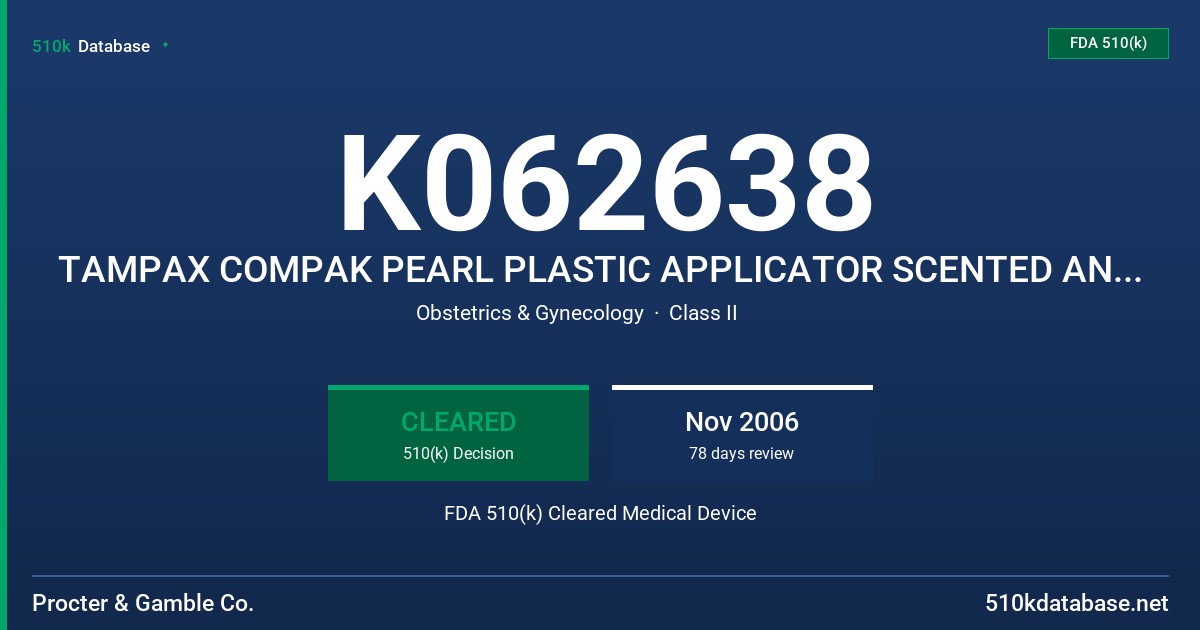 K062638 TAMPAX COMPAK PEARL PLASTIC APPLICATOR SCENTED AND UNSCENTED TAMPONS FDA 510(k) Cleared Medical Device