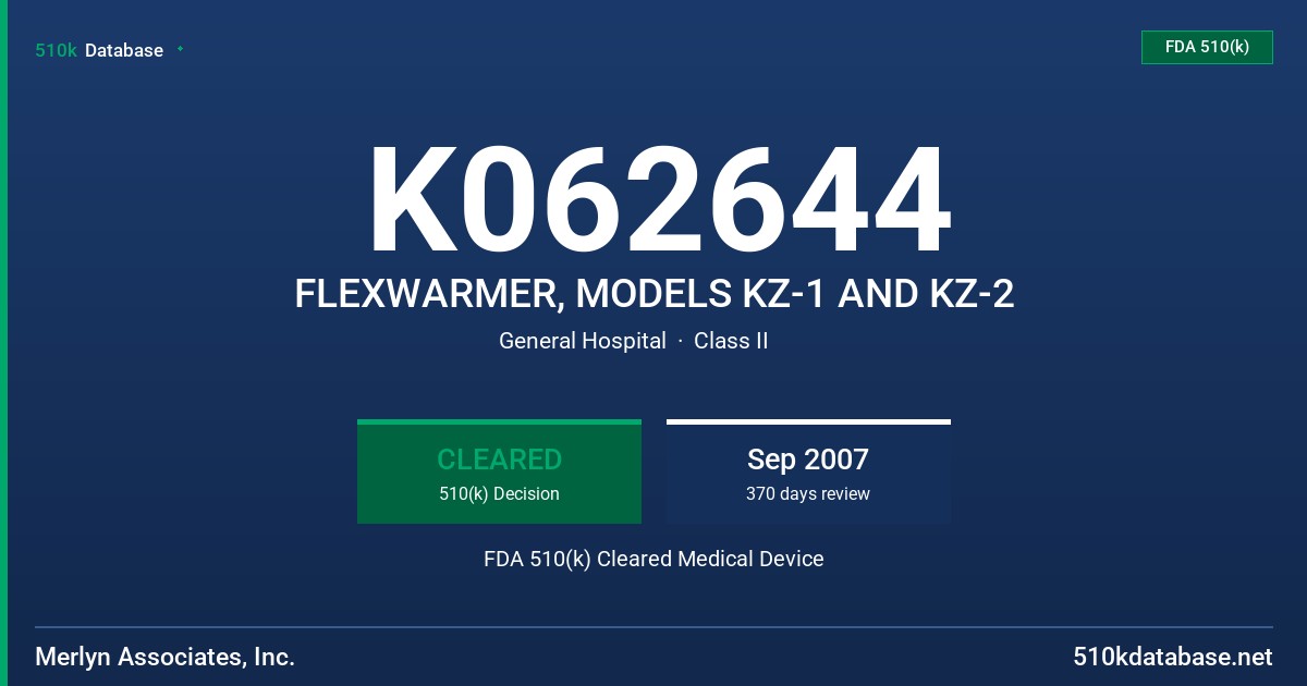 K062644 FLEXWARMER, MODELS KZ-1 AND KZ-2 FDA 510(k) Cleared Medical Device