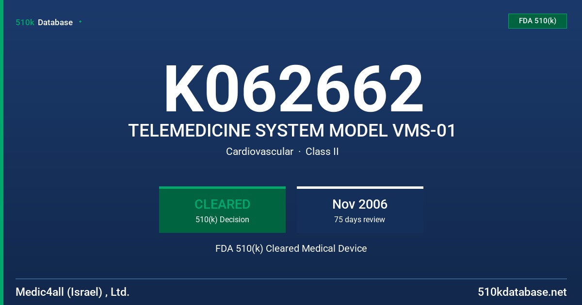 K062662 TELEMEDICINE SYSTEM MODEL VMS-01 FDA 510(k) Cleared Medical Device