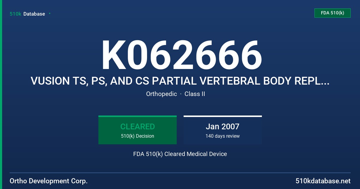 K062666 VUSION TS, PS, AND CS PARTIAL VERTEBRAL BODY REPLACEMENTS FDA 510(k) Cleared Medical Device