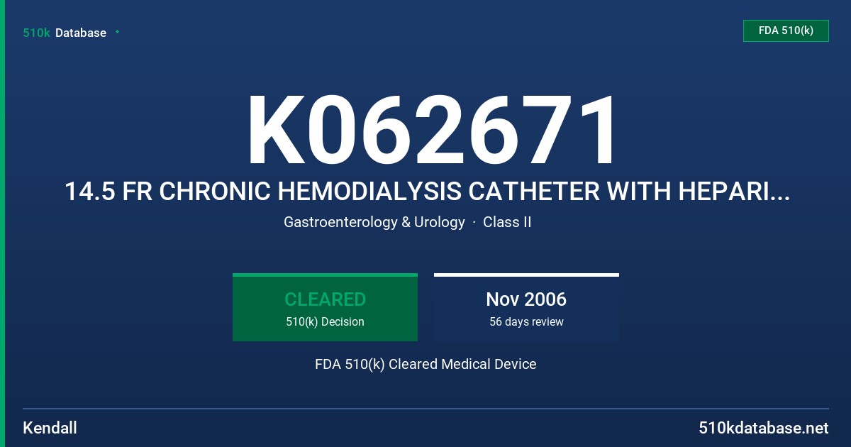 K062671 14.5 FR CHRONIC HEMODIALYSIS CATHETER WITH HEPARIN COATING AND SILVER IMPREGNATED SLEEVE (PALINDROME SAPPHIRE) FDA 510(k) Cleared Medical Device