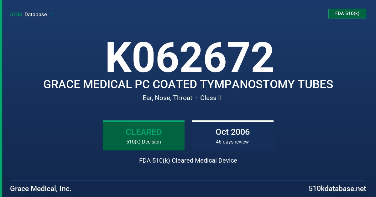 K062672 GRACE MEDICAL PC COATED TYMPANOSTOMY TUBES FDA 510(k) Cleared Medical Device
