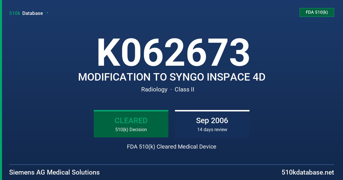 K062673 MODIFICATION TO SYNGO INSPACE 4D FDA 510(k) Cleared Medical Device