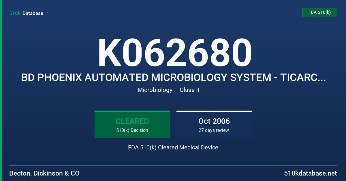 K062680 BD PHOENIX AUTOMATED MICROBIOLOGY SYSTEM - TICARCILLIN (GN) 1-128 UG/ML FDA 510(k) Cleared Medical Device