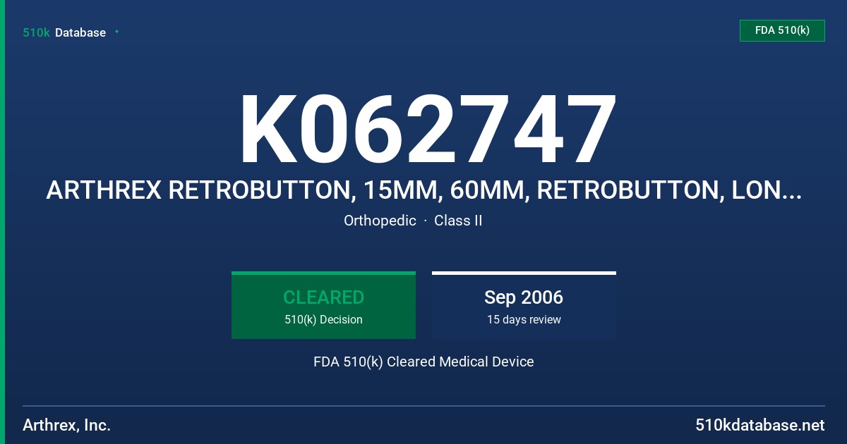 K062747 ARTHREX RETROBUTTON, 15MM, 60MM, RETROBUTTON, LONG, 15MM, 60MM FDA 510(k) Cleared Medical Device