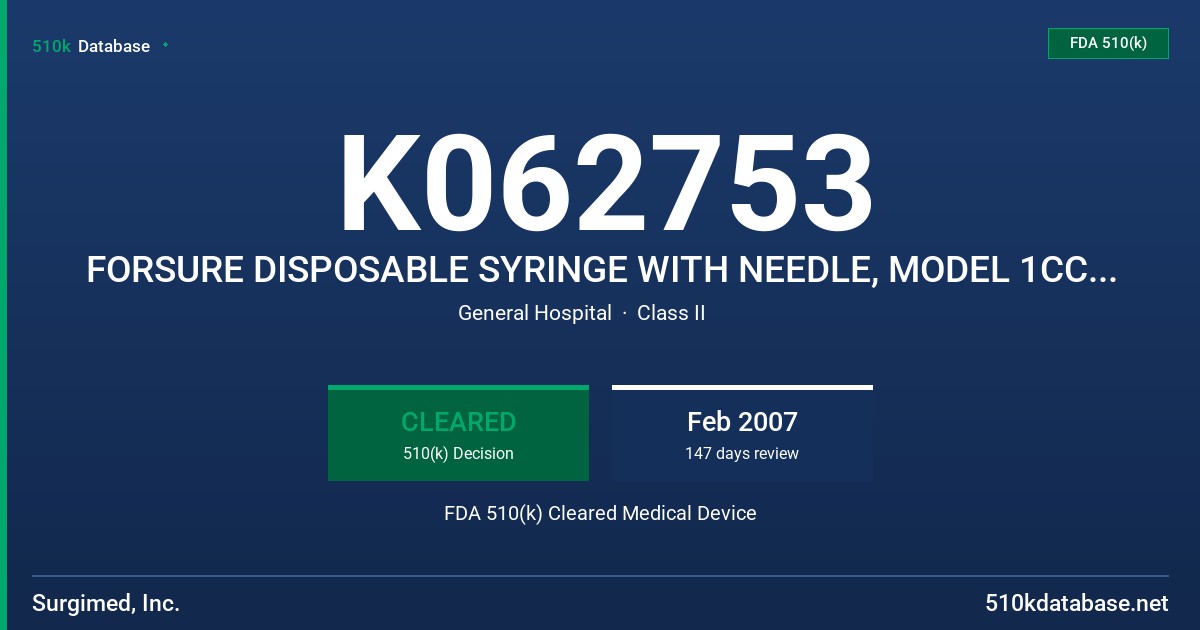 K062753 FORSURE DISPOSABLE SYRINGE WITH NEEDLE, MODEL 1CC, 3C, 5CC, 10CC, 20CC, 50CC FDA 510(k) Cleared Medical Device