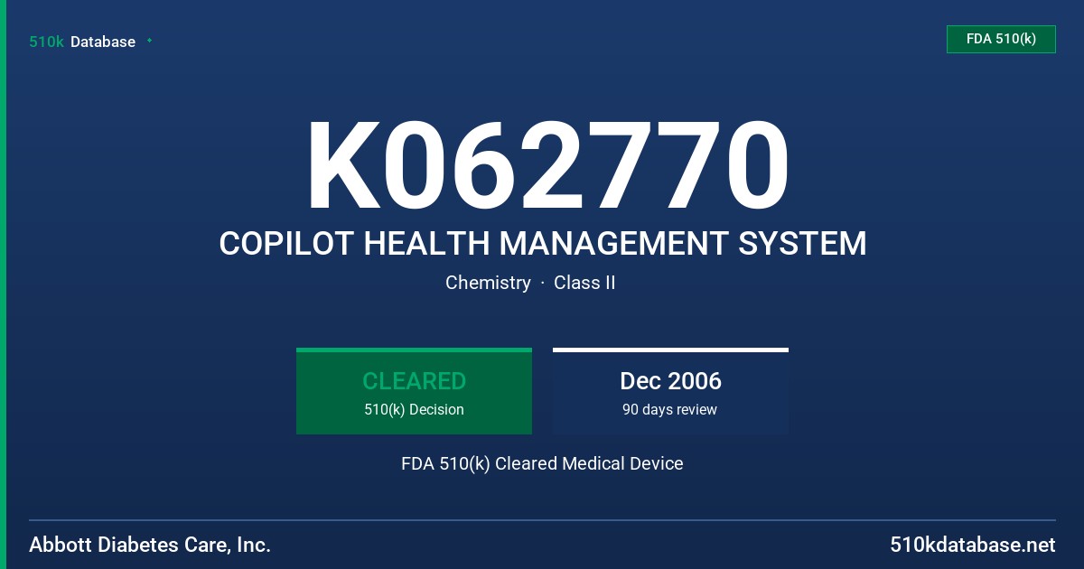 K062770 COPILOT HEALTH MANAGEMENT SYSTEM FDA 510(k) Cleared Medical Device