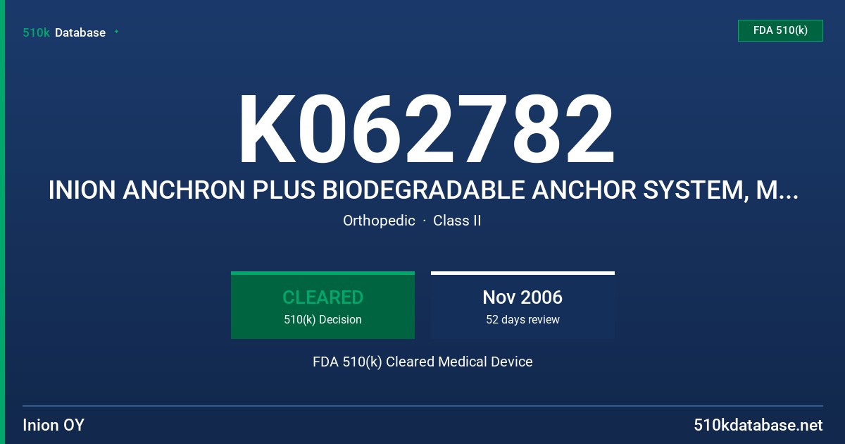 K062782 INION ANCHRON PLUS BIODEGRADABLE ANCHOR SYSTEM, MODEL ANC-6001 FDA 510(k) Cleared Medical Device
