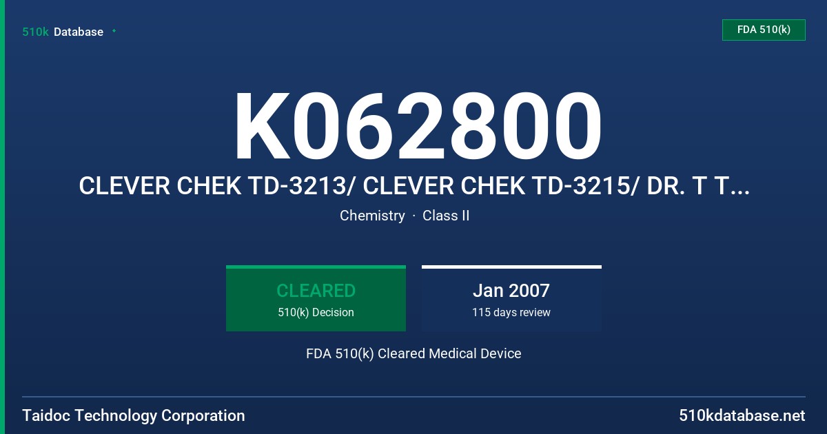 K062800 CLEVER CHEK TD-3213/ CLEVER CHEK TD-3215/ DR. T TD-3216/ CLEVER CHEK TD-3217/ CLEVER CHEK TD-3250 BLOOD GLUCOSE PLUS BLO FDA 510(k) Cleared Medical Device