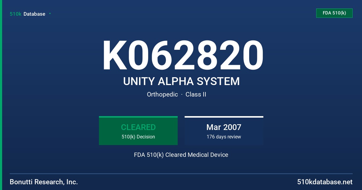 K062820 UNITY ALPHA SYSTEM FDA 510(k) Cleared Medical Device