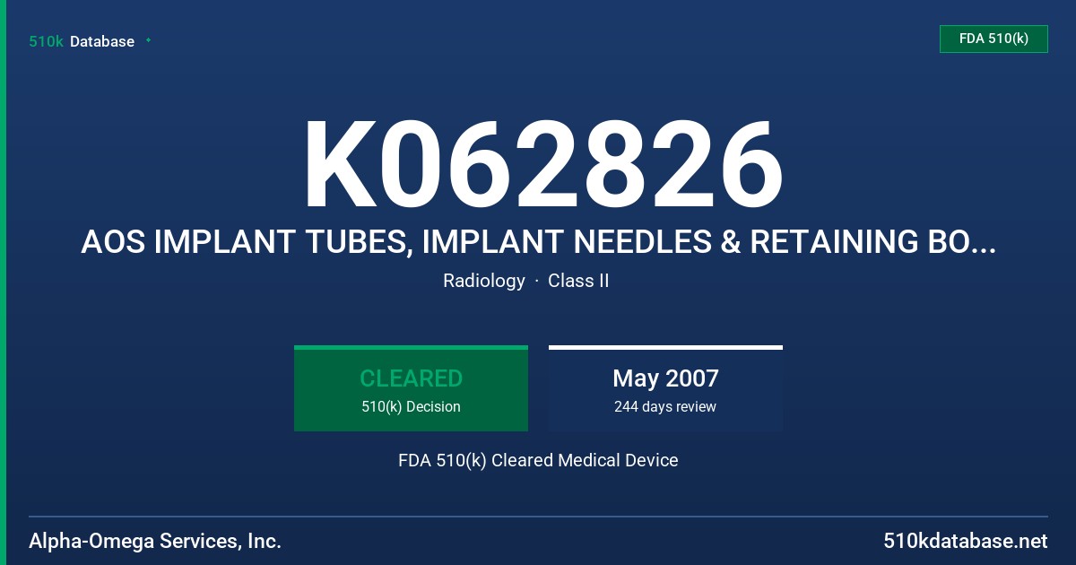 K062826 AOS IMPLANT TUBES, IMPLANT NEEDLES & RETAINING BOTTONS FDA 510(k) Cleared Medical Device