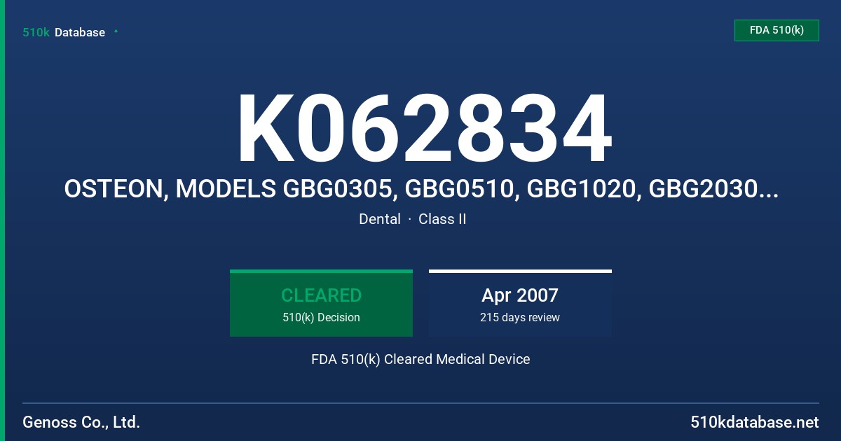 K062834 OSTEON, MODELS GBG0305, GBG0510, GBG1020, GBG2030, GBG3040, GBG4050 FDA 510(k) Cleared Medical Device
