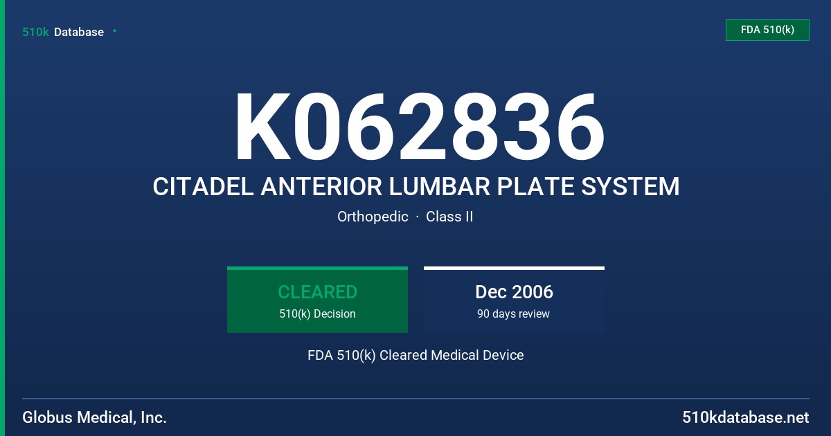 K062836 CITADEL ANTERIOR LUMBAR PLATE SYSTEM FDA 510(k) Cleared Medical Device