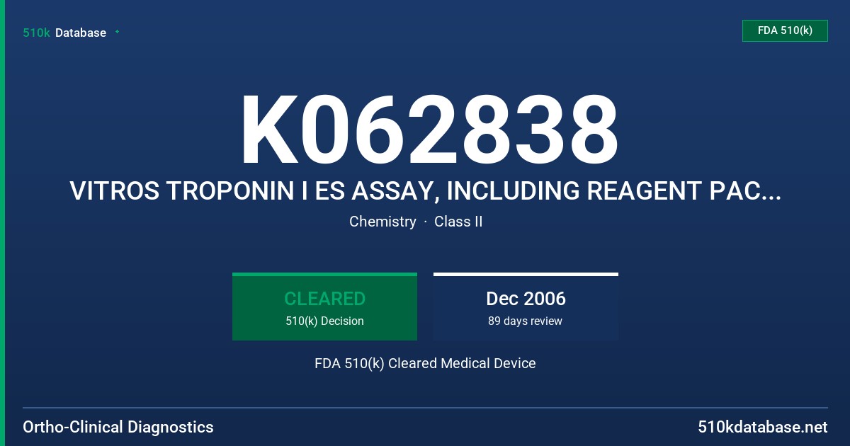 K062838 VITROS TROPONIN I ES ASSAY, INCLUDING REAGENT PACK, CALIBRATORS AND RANGE VERIFIERS, MODELS 680 2301, 2302 AND 2303 FDA 510(k) Cleared Medical Device