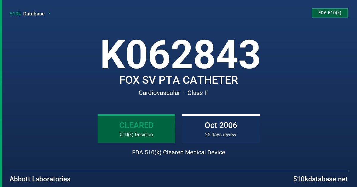 K062843 FOX SV PTA CATHETER FDA 510(k) Cleared Medical Device