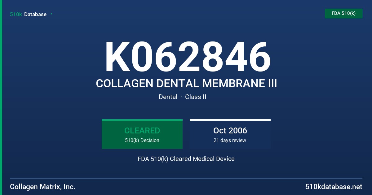 K062846 COLLAGEN DENTAL MEMBRANE III FDA 510(k) Cleared Medical Device