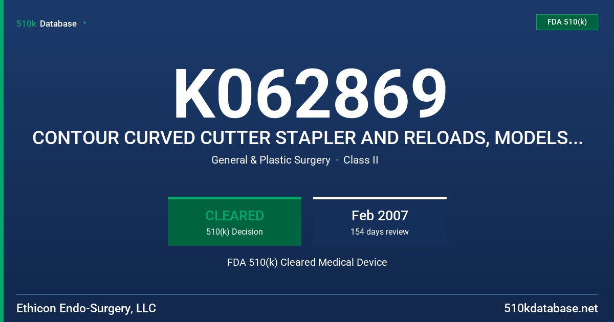 K062869 CONTOUR CURVED CUTTER STAPLER AND RELOADS, MODELS CS40B, CS40G, CR40B AND CR40G FDA 510(k) Cleared Medical Device