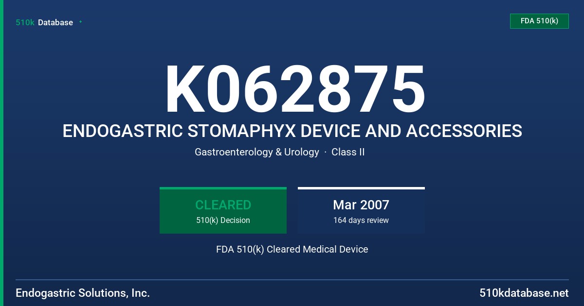 K062875 ENDOGASTRIC STOMAPHYX DEVICE AND ACCESSORIES FDA 510(k) Cleared Medical Device