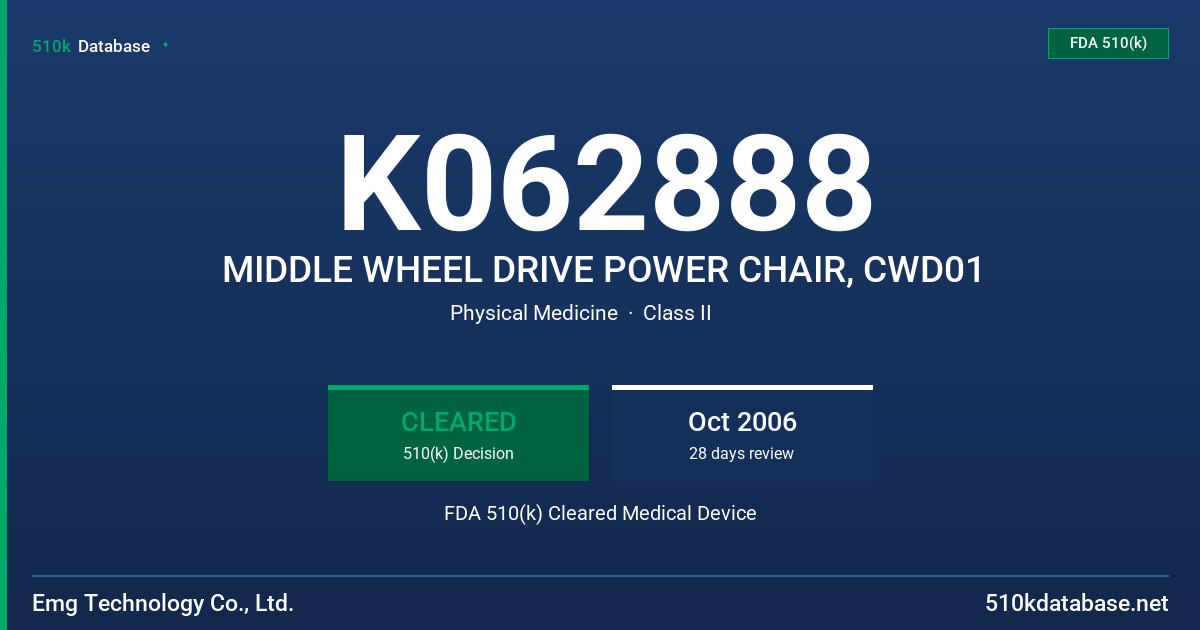 K062888 MIDDLE WHEEL DRIVE POWER CHAIR, CWD01 FDA 510(k) Cleared Medical Device