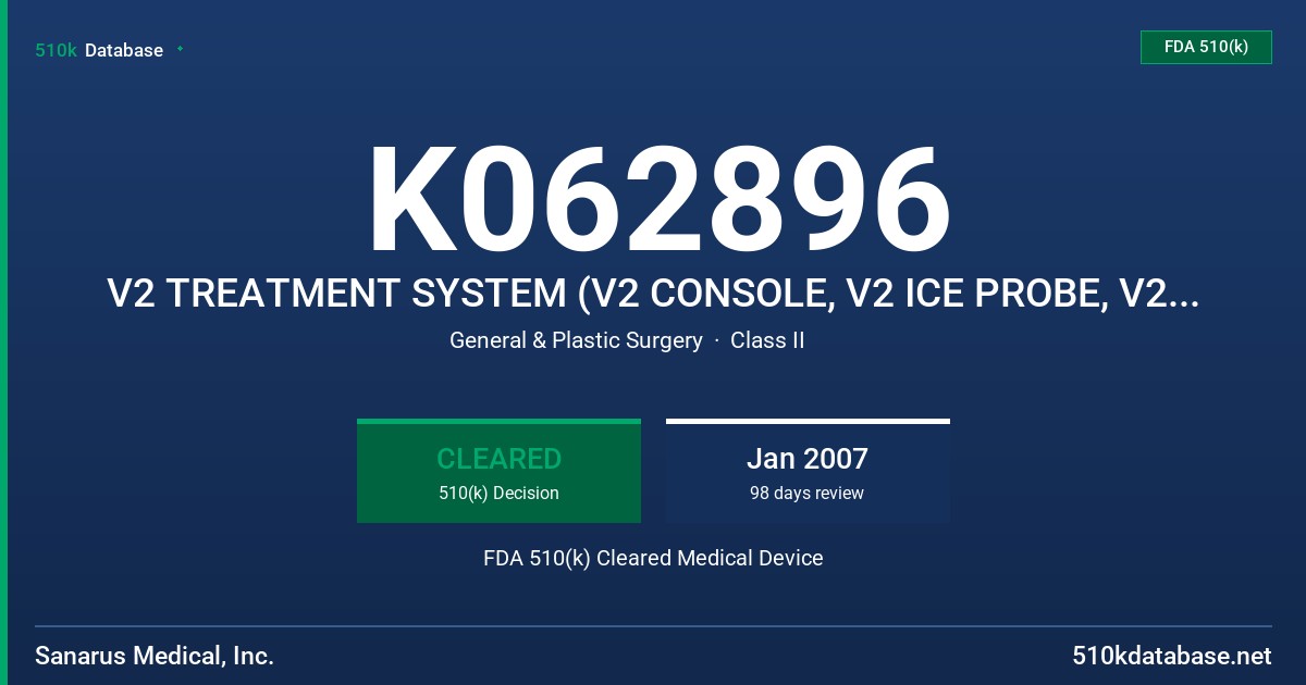 K062896 V2 TREATMENT SYSTEM (V2 CONSOLE, V2 ICE PROBE, V2 DEWARS) MODELS FDA 510(k) Cleared Medical Device