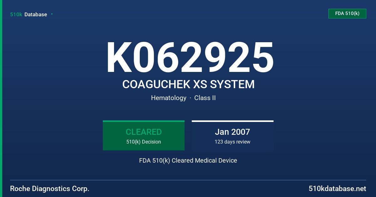 K062925 COAGUCHEK XS SYSTEM FDA 510(k) Cleared Medical Device