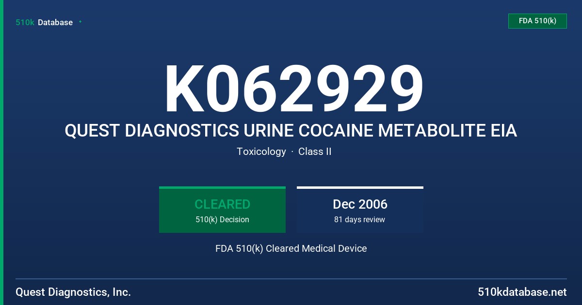 K062929 QUEST DIAGNOSTICS URINE COCAINE METABOLITE EIA FDA 510(k) Cleared Medical Device