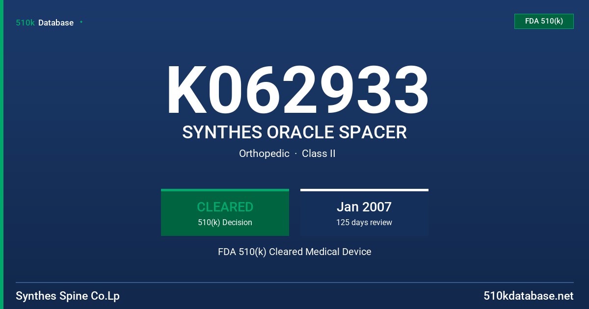 K062933 SYNTHES ORACLE SPACER FDA 510(k) Cleared Medical Device