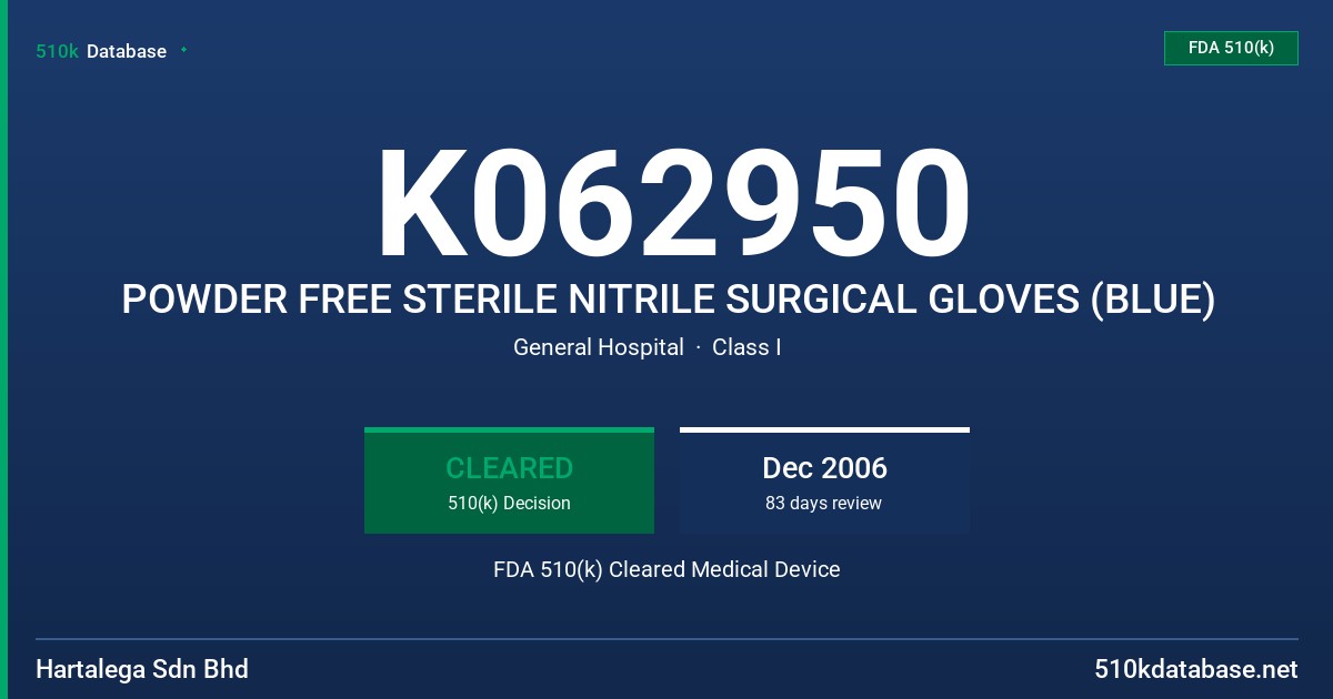K062950 POWDER FREE STERILE NITRILE SURGICAL GLOVES (BLUE) FDA 510(k) Cleared Medical Device