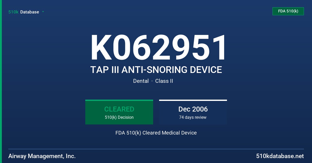 K062951 TAP III ANTI-SNORING DEVICE FDA 510(k) Cleared Medical Device
