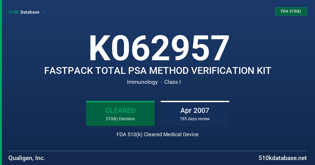 K062957 FASTPACK TOTAL PSA METHOD VERIFICATION KIT FDA 510(k) Cleared Medical Device