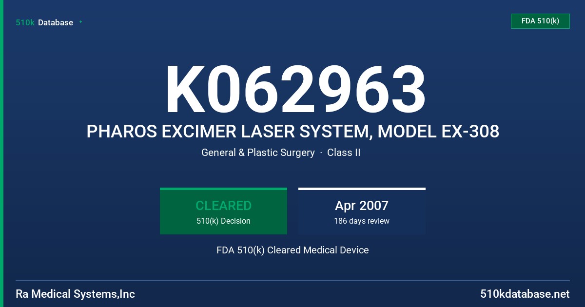 K062963 PHAROS EXCIMER LASER SYSTEM, MODEL EX-308 FDA 510(k) Cleared Medical Device